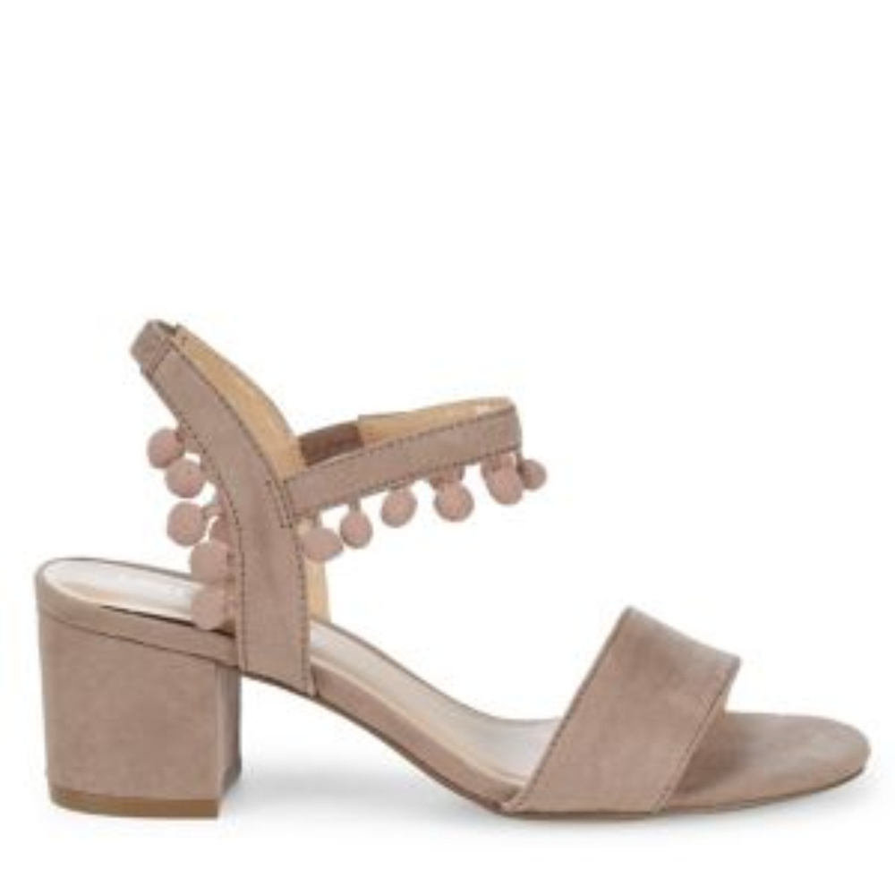 Pom Pom Tan Block Heel Sandals